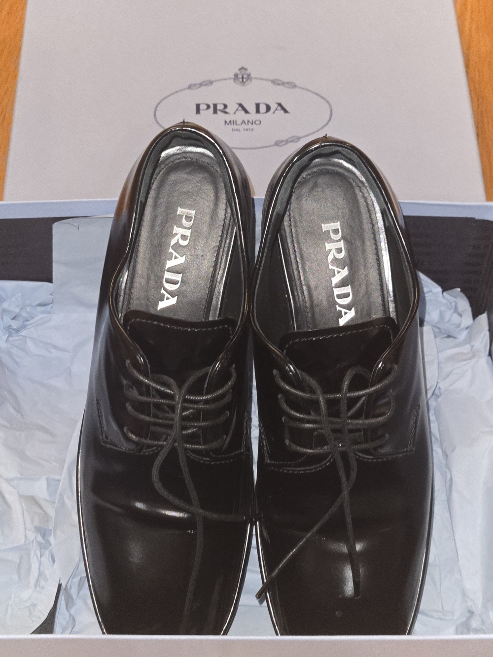 Prada Black Patent Leather Lace-Up Oxfords